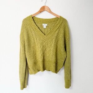 Olive Green V-Neck Cable Knit Sweater